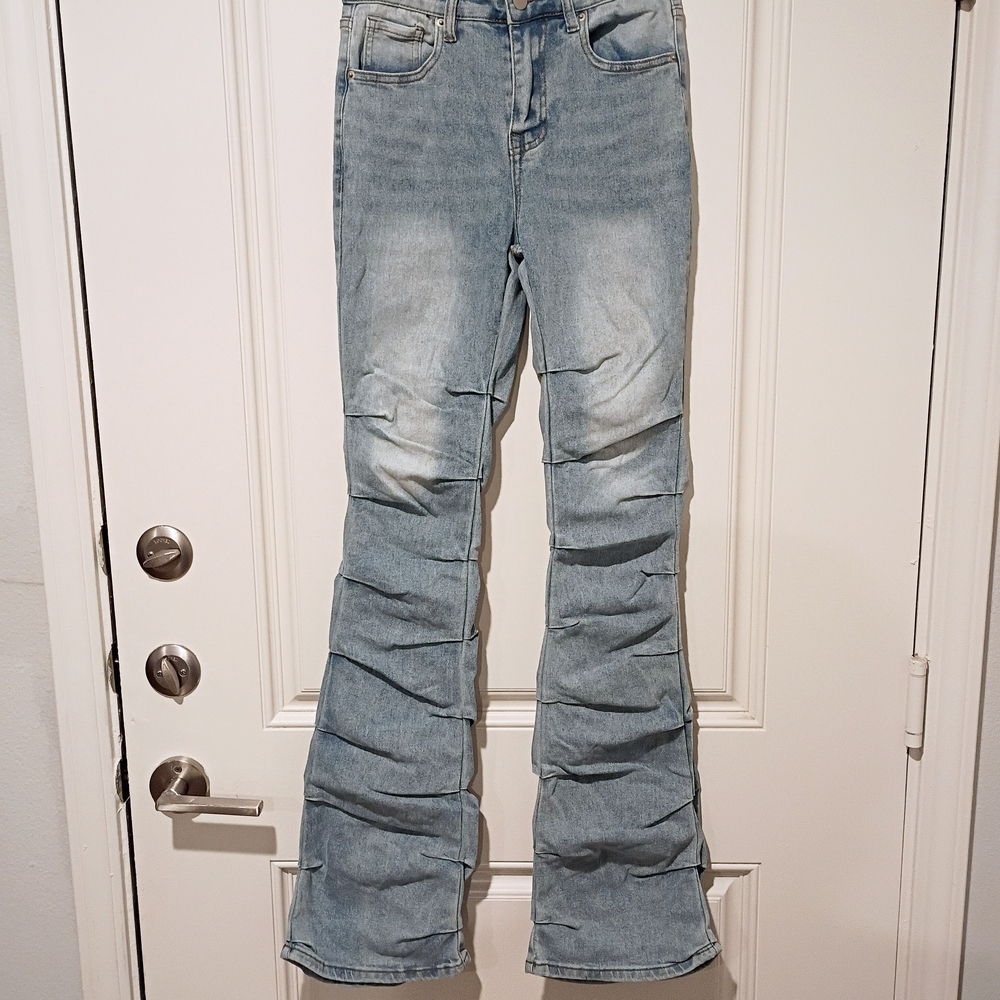 Fashion Nova Light Blue Stacked Boot Cut Jeans Size 3